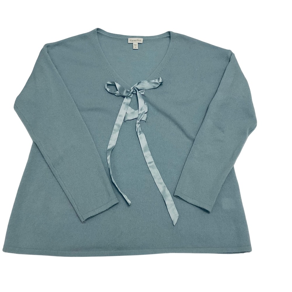 GARNET HILL 100% Cashmere V-Neck Ribbon‎ Tie Sweater Blue Lux Bow Soft pastel M